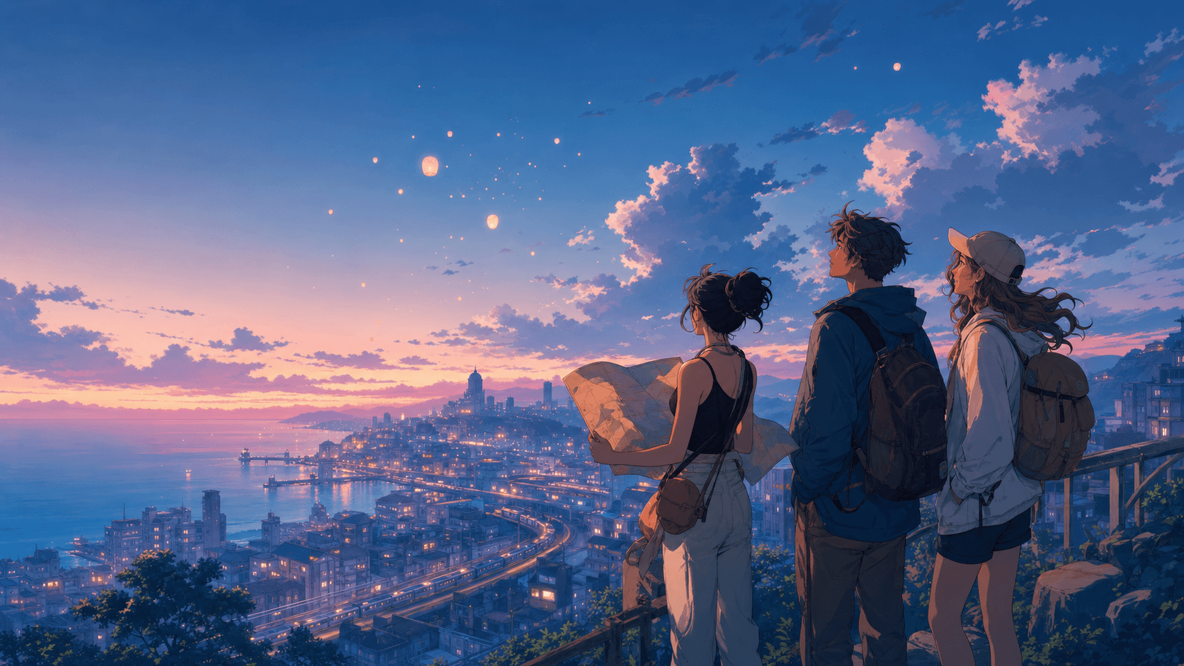 Three original anime-inspired travelers overlooking a luminous coastal city
