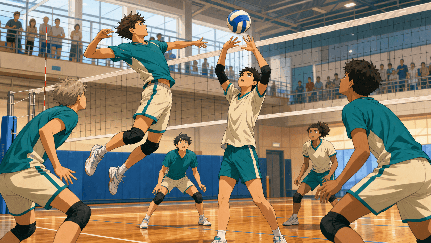 Original illustration of a volleyball team coordinating an attack during practice